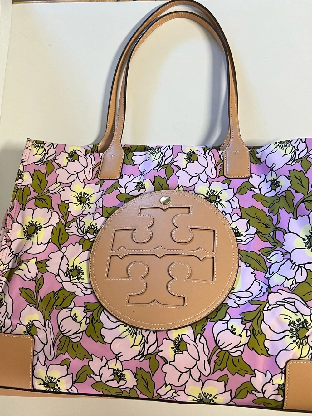 Tory Burch Pink Floral Tote with Tan Leather Trim